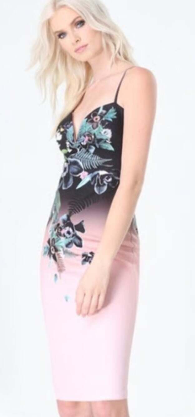 Bebe Ombre Floral Bodycon Midi Dress Women's XXS Orchids Elegant Feminine Sexy